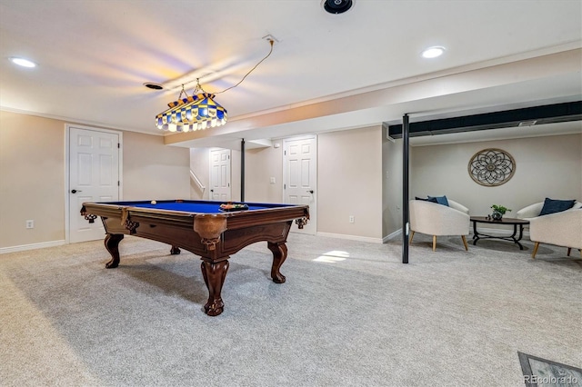 rec room with pool table and carpet