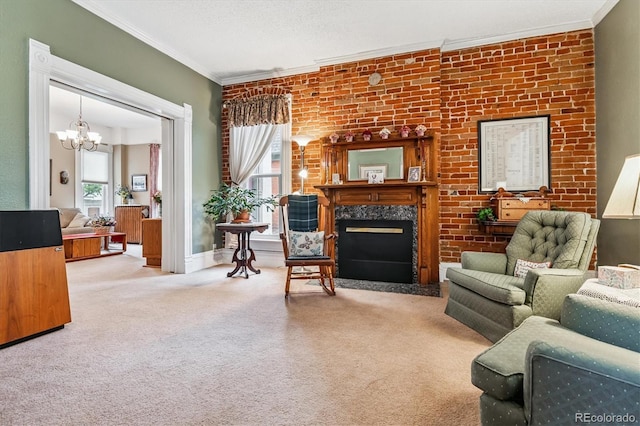 912 S Washington St, Denver, CO 80209 - carpeted living area with a chandelier, ornamental molding, and a high end fireplace