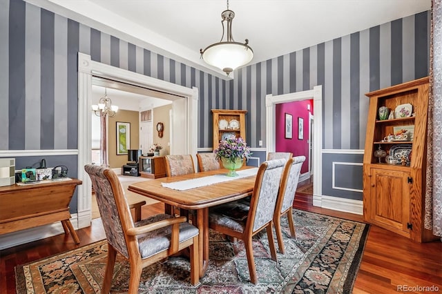 912 S Washington St, Denver, CO 80209 - dining space with wood finished floors, wallpapered walls, and a chandelier