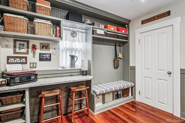 912 S Washington St, Denver, CO 80209 - mudroom with dark wood finished floors and a wainscoted wall