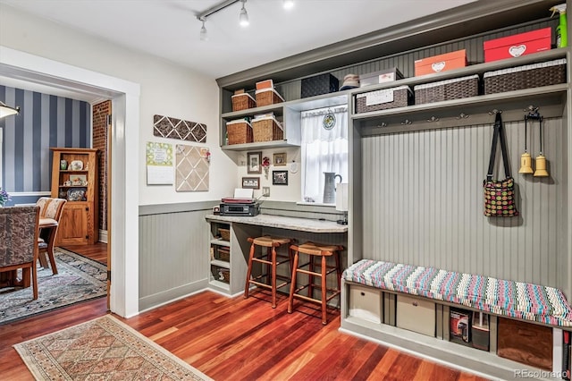 912 S Washington St, Denver, CO 80209 - mudroom with wainscoting, wood finished floors, and rail lighting