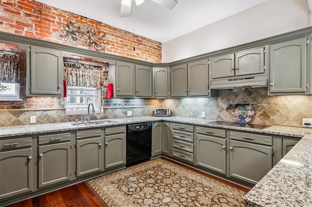 912 S Washington St, Denver, CO 80209 - kitchen with black appliances, under cabinet range hood, tasteful backsplash, and ceiling fan