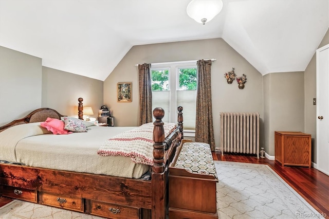 912 S Washington St, Denver, CO 80209 - bedroom with radiator heating unit, wood finished floors, and vaulted ceiling