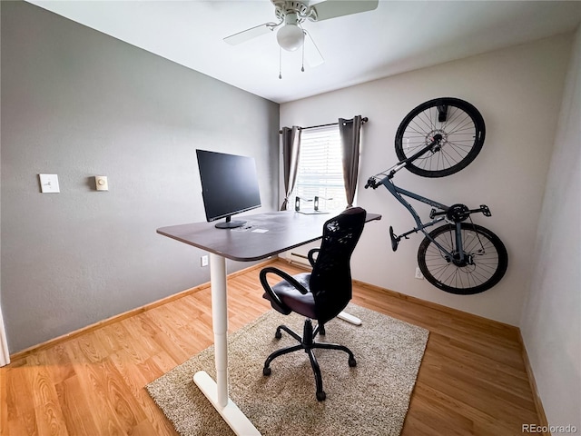 office space featuring a ceiling fan, baseboards, and wood finished floors