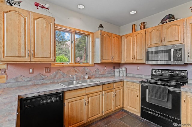 27264 Schuyler Gulch Rd, Pine, CO 80470 - kitchen featuring black appliances, a sink, light brown cabinets, and recessed lighting