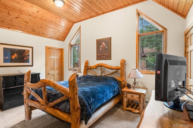 27264 Schuyler Gulch Rd, Pine, CO 80470 - carpeted bedroom with wood ceiling, lofted ceiling, and multiple windows