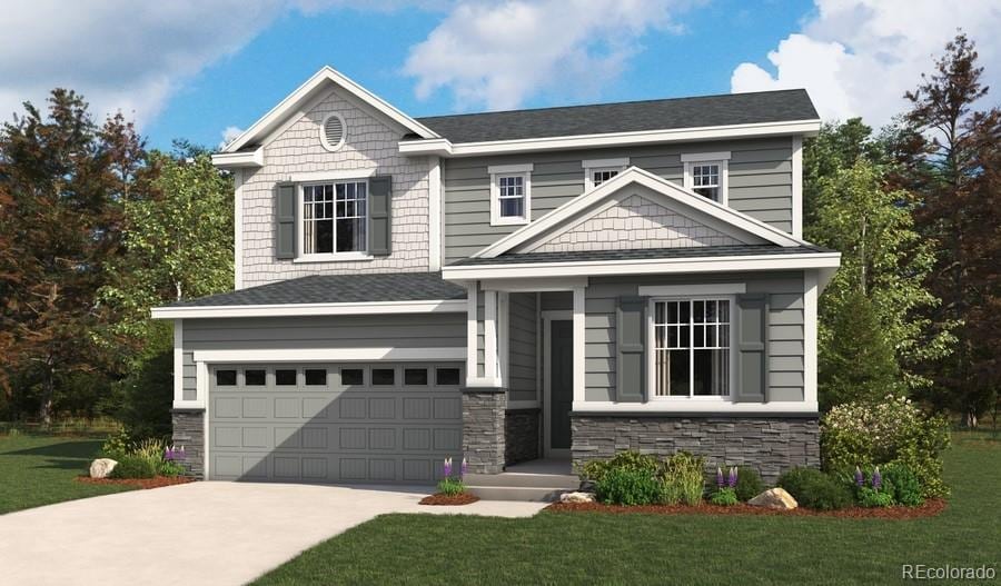 4455 Boone Cir, Brighton, CO 80601 - craftsman inspired home with a garage, stone siding, concrete driveway, and a front lawn