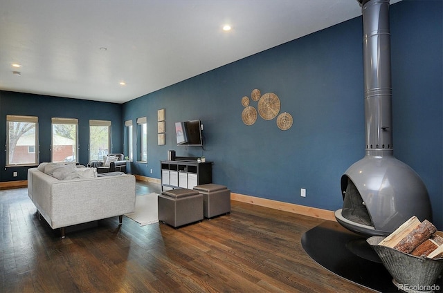 656 S Gunnison Ave, Buena Vista, CO 81211 - living area featuring a wood stove, recessed lighting, baseboards, and wood finished floors