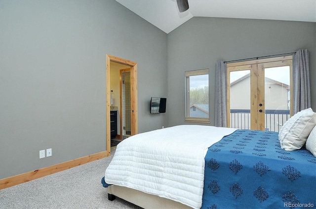 656 S Gunnison Ave, Buena Vista, CO 81211 - carpeted bedroom with access to outside, baseboards, french doors, ensuite bathroom, and ceiling fan