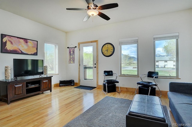 656 S Gunnison Ave, Buena Vista, CO 81211 - living room featuring light wood finished floors, baseboards, and a ceiling fan
