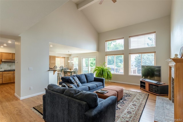 14261 W Evans Cir, Lakewood, CO 80228 - living room featuring high vaulted ceiling, light wood-style floors, a ceiling fan, and beamed ceiling