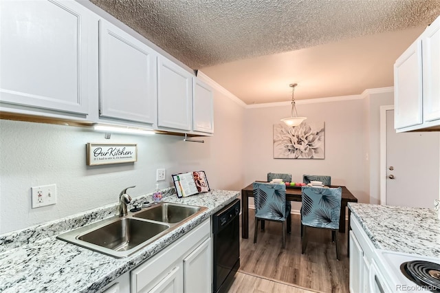 10211 Ura Ln Unit 1-308, Thornton, CO 80260 - kitchen with dishwasher, ornamental molding, white cabinets, light wood-style flooring, and light countertops