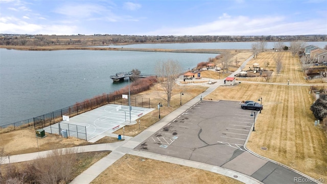 drone / aerial view with a water view