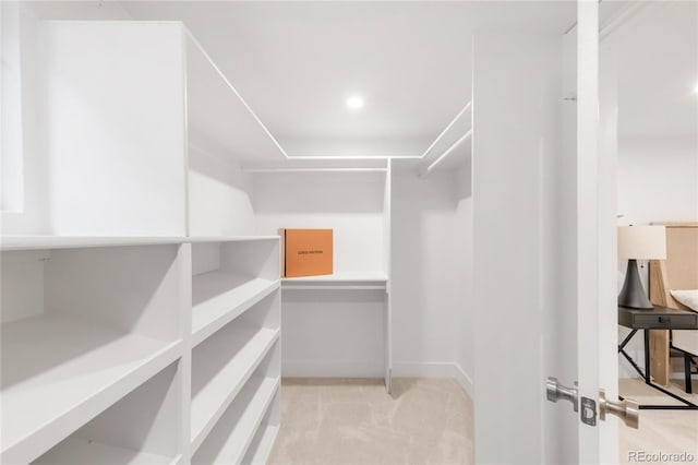 walk in closet featuring light carpet
