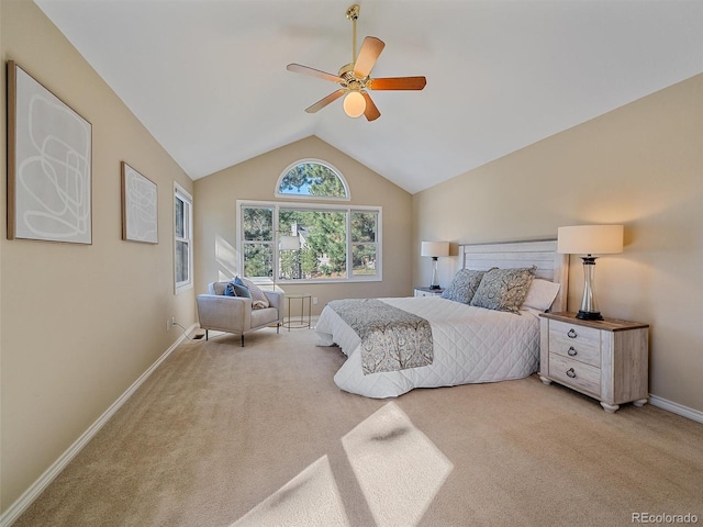 4228 Scenic Village Dr, Evergreen, CO 80439 - carpeted bedroom featuring vaulted ceiling, baseboards, and ceiling fan