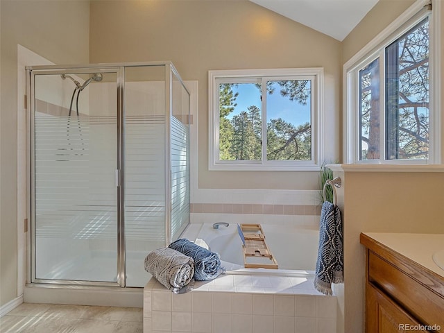 4228 Scenic Village Dr, Evergreen, CO 80439 - bathroom featuring healthy amount of natural light, a shower stall, vaulted ceiling, a garden tub, and vanity