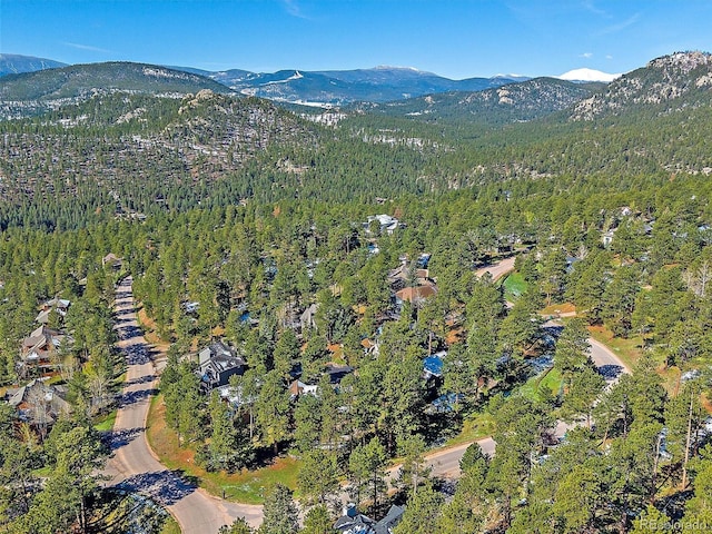 4228 Scenic Village Dr, Evergreen, CO 80439 - aerial overview of property's location featuring a mountain backdrop and a forest
