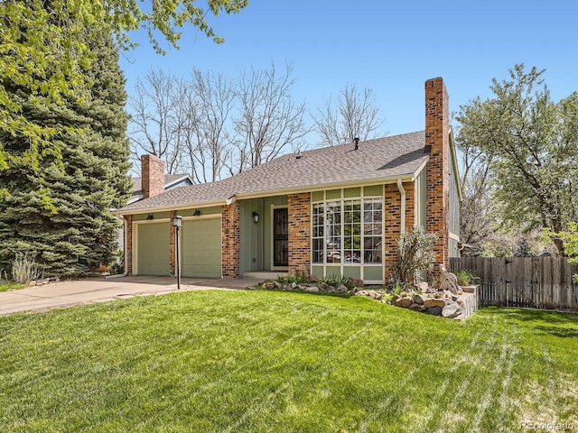 view of front of property featuring a garage, a chimney, concrete driveway, board and batten siding, and brick siding