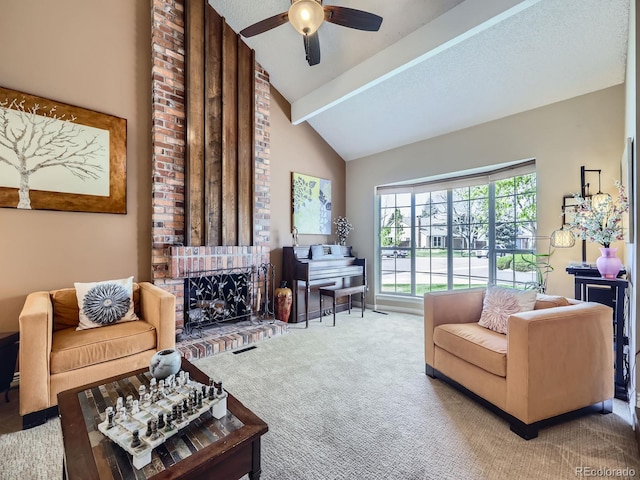carpeted living area featuring ceiling fan and a brick fireplace