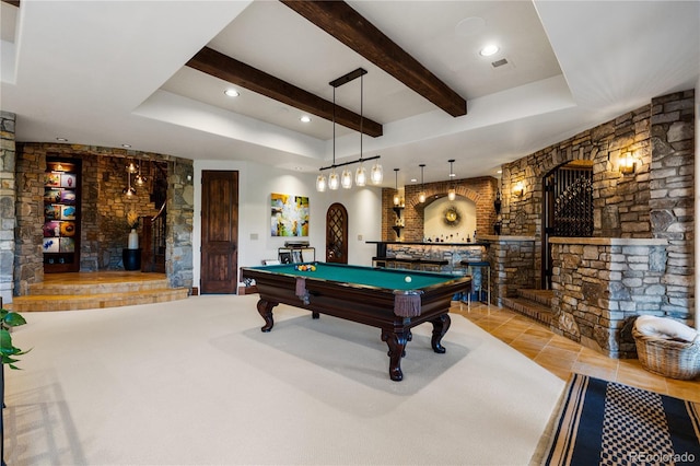 7208 Raphael Ln, Littleton, CO 80125 - recreation room featuring bar, pool table, a fireplace, beamed ceiling, and tile patterned flooring