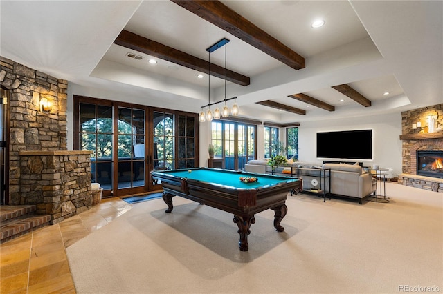 7208 Raphael Ln, Littleton, CO 80125 - recreation room with a fireplace, beamed ceiling, billiards table, recessed lighting, and tile patterned flooring