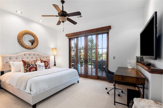 7208 Raphael Ln, Littleton, CO 80125 - carpeted bedroom featuring access to exterior, recessed lighting, a ceiling fan, french doors, and a desk
