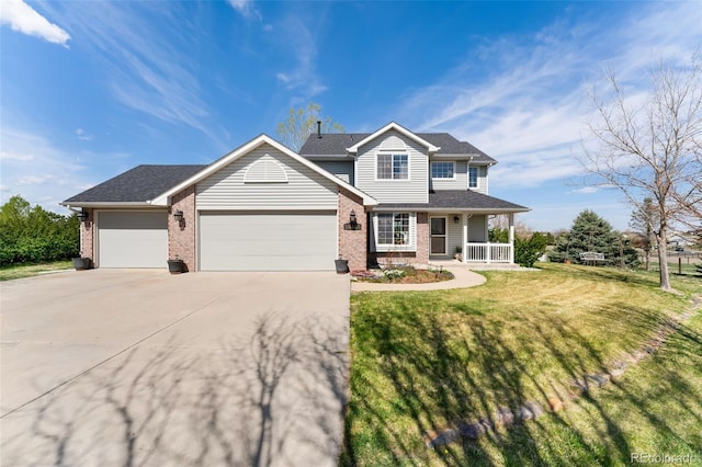 view of front of house featuring an attached garage, covered porch, brick siding, driveway, and a front lawn