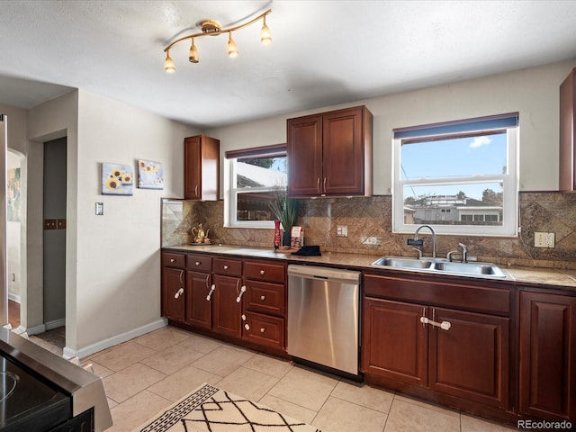 kitchen featuring stainless steel dishwasher, sink, light tile patterned floors, and backsplash