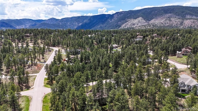 drone / aerial view of a heavily wooded area and a mountain backdrop