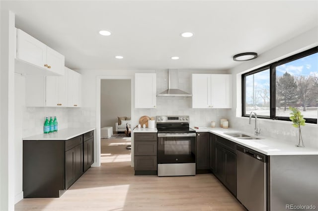 kitchen featuring stainless steel appliances, sink, white cabinets, and wall chimney exhaust hood