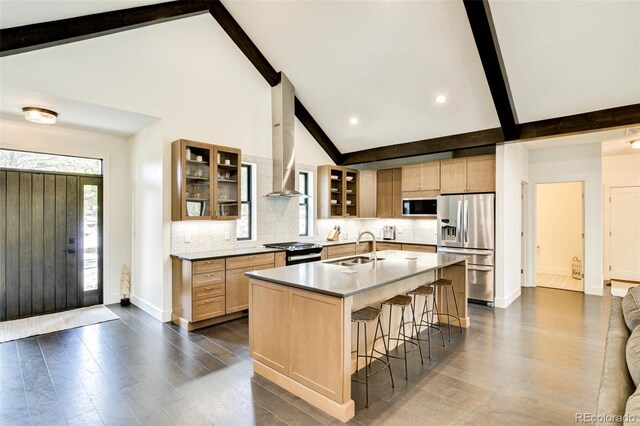 30298 San Isabel Rd, Buena Vista, CO 81211 - kitchen featuring appliances with stainless steel finishes, beam ceiling, a sink, tasteful backsplash, and high vaulted ceiling
