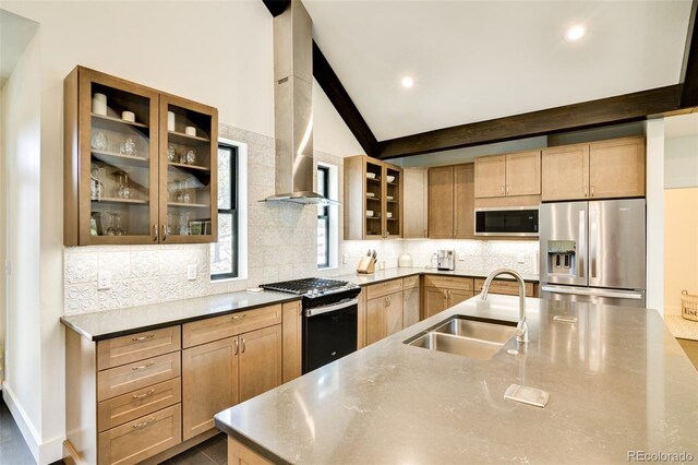 30298 San Isabel Rd, Buena Vista, CO 81211 - kitchen featuring stainless steel fridge with ice dispenser, gas stove, a sink, black microwave, and decorative backsplash