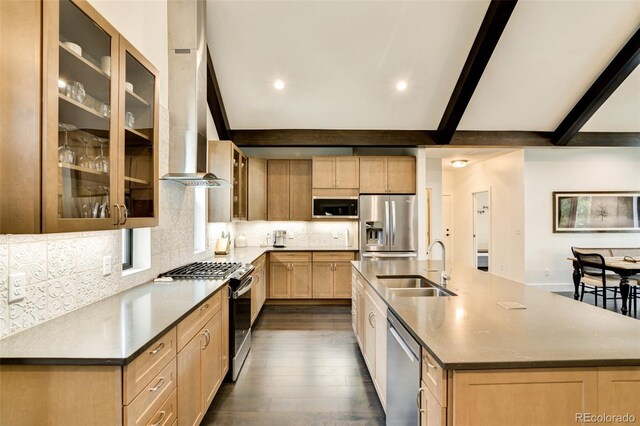 30298 San Isabel Rd, Buena Vista, CO 81211 - kitchen with stainless steel appliances, a sink, light brown cabinets, wall chimney exhaust hood, and beamed ceiling