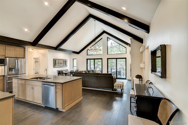 30298 San Isabel Rd, Buena Vista, CO 81211 - kitchen featuring appliances with stainless steel finishes, open floor plan, a sink, light brown cabinetry, and beamed ceiling