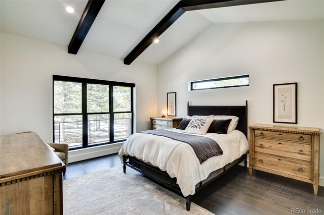 30298 San Isabel Rd, Buena Vista, CO 81211 - bedroom featuring beam ceiling, dark wood-style flooring, recessed lighting, and high vaulted ceiling