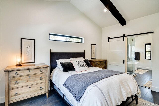 30298 San Isabel Rd, Buena Vista, CO 81211 - bedroom with a barn door, dark wood-type flooring, recessed lighting, connected bathroom, and baseboards