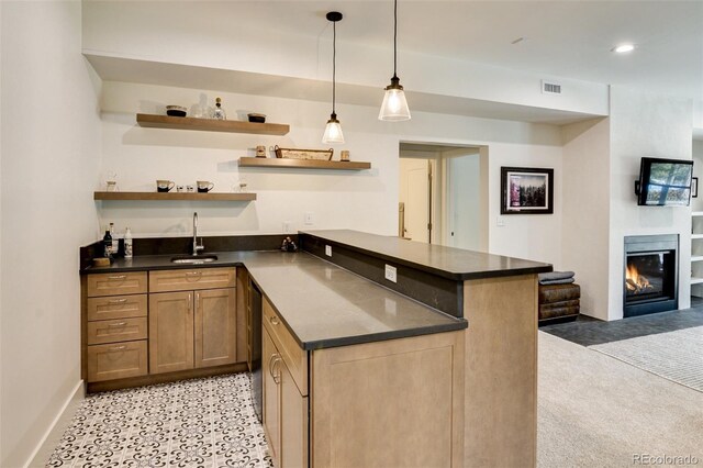 30298 San Isabel Rd, Buena Vista, CO 81211 - kitchen with a sink, dark countertops, open shelves, and a peninsula