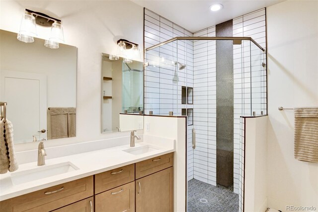 30298 San Isabel Rd, Buena Vista, CO 81211 - full bath featuring double vanity, a shower stall, and recessed lighting
