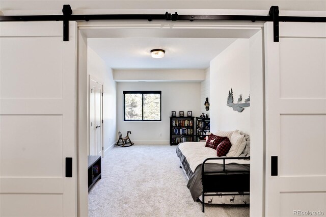 30298 San Isabel Rd, Buena Vista, CO 81211 - living area featuring a barn door, carpet flooring, and baseboards