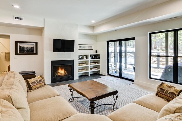 30298 San Isabel Rd, Buena Vista, CO 81211 - living room featuring a warm lit fireplace, built in features, recessed lighting, baseboards, and carpet flooring