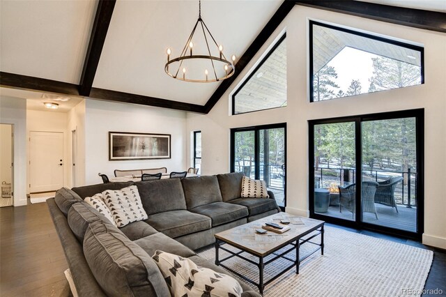 30298 San Isabel Rd, Buena Vista, CO 81211 - living area with high vaulted ceiling, a chandelier, wood finished floors, beam ceiling, and baseboards