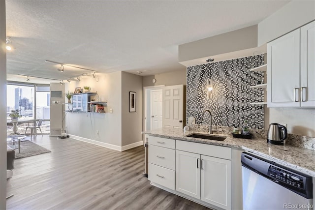 kitchen featuring backsplash, light hardwood / wood-style flooring, track lighting, sink, and stainless steel dishwasher