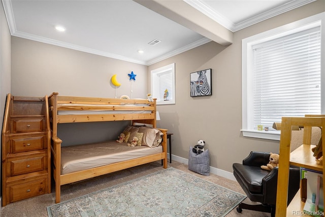 carpeted bedroom featuring baseboards, ornamental molding, visible vents, and recessed lighting