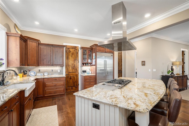kitchen with appliances with stainless steel finishes, a kitchen breakfast bar, dark wood finished floors, island range hood, and a sink
