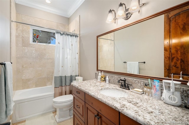 bathroom featuring toilet, shower / bath combo with shower curtain, ornamental molding, and vanity