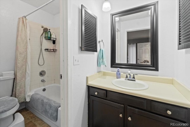 2306 S Troy St Unit A, Aurora, CO 80014 - bathroom featuring toilet, vanity, and shower / bath combo with shower curtain