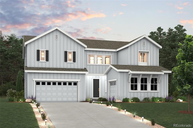 modern farmhouse style home featuring board and batten siding, an attached garage, a front yard, and a shingled roof