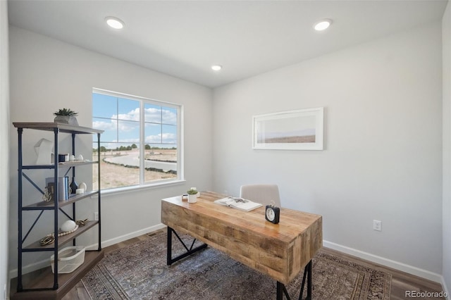 office with recessed lighting, wood finished floors, and baseboards