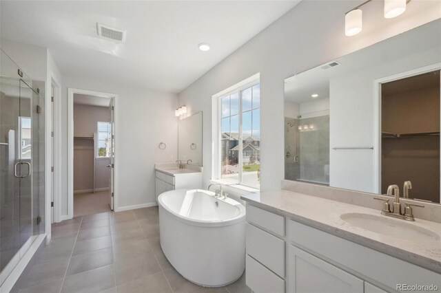 full bathroom featuring a sink, visible vents, a walk in closet, and a shower stall