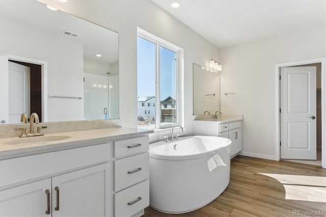 13900 Hanging Lake St, Parker, CO 80138 - bathroom featuring a stall shower, visible vents, wood finished floors, and a sink